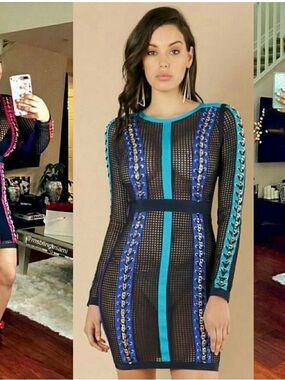 Black Dress with Blue & Teal Trim Long Sleeve Bandage dress